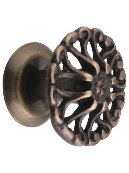 Cast-Brass Ornate Cabinet Knob in Antique-By-Hand - 1 1/4 inch Diameter.