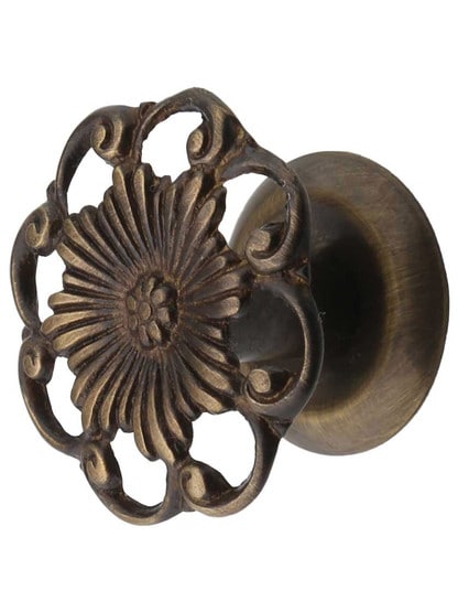 Cast-Brass Ornate Cabinet Knob in Antique-By-Hand - 1 3/8 inch Diameter.