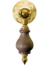 2 3/4" Walnut Tear Drop Pull With Eastlake Rosette In Unlacquered Brass Finish