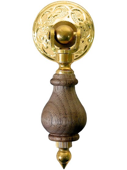 2 3/4 inch Walnut Tear Drop Pull With Eastlake Rosette In Unlacquered Brass Finish