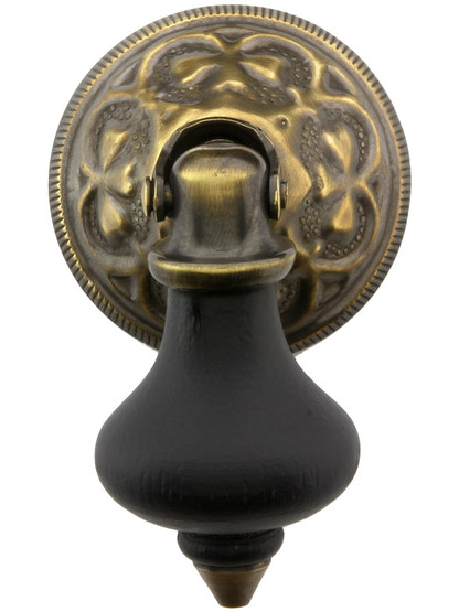 2 inch Ebonized Wood Tear Drop Pull With Eastlake Rosette In Antique-By-Hand Finish.