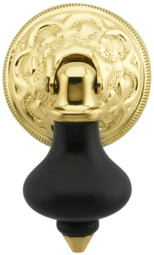 2" Ebonized Wood Tear Drop Pull With Eastlake Rosette In Unlacquered Brass Finish