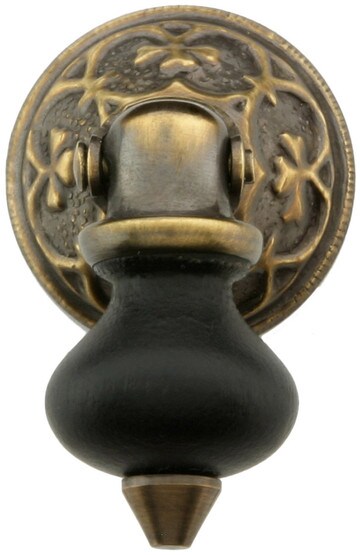 1 1/2 inch Ebonized Wood Tear Drop Pull With Eastlake Rosette In Antique-By-Hand Finish.