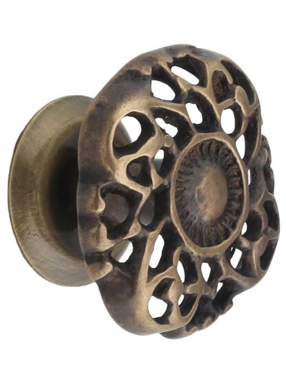 Cast-Brass Ornate Cabinet Knob in Antique-By-Hand - 1 1/2 inch Diameter.