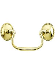 Swan-Neck Brass Bail Pull with Oval Rope Rosettes - 3 1/2-Inch Center-on-Center