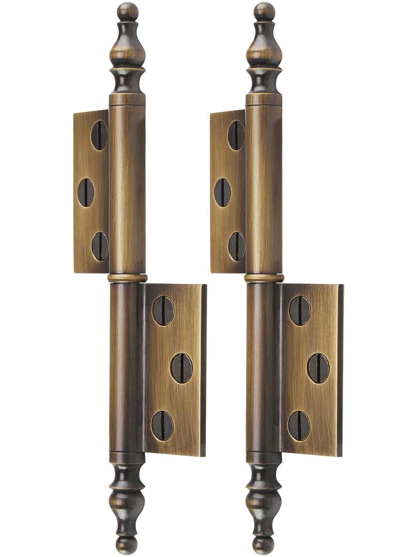 Alternate View of Pair of Solid Brass Left-Hand Flag Hinges in Antique-By-Hand - 3 1/4 inch x 1 3/4 inch.