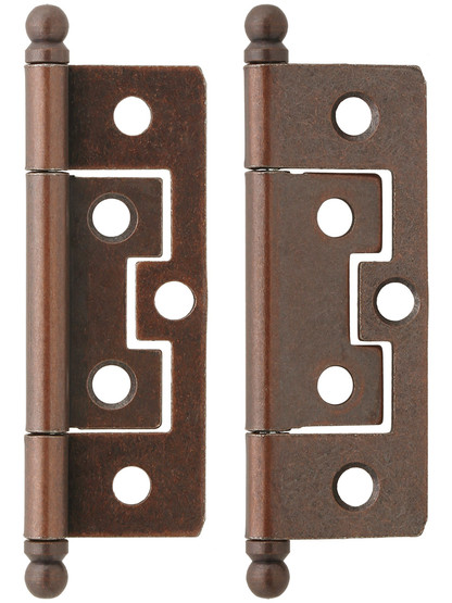 Pair of 2 1/2 inch Non-Mortise Cabinet Hinges with Ball Tips in Antique Copper.