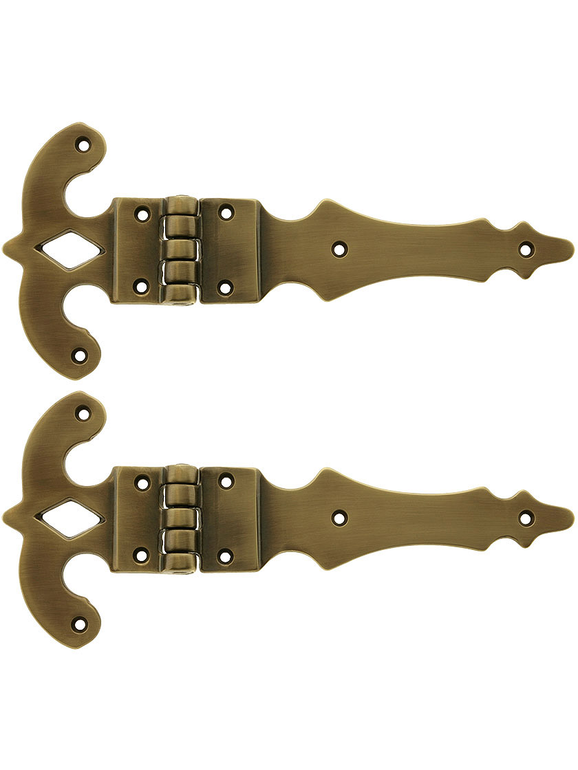 Pair Of Heavy 5" x 11" Ornate Brass Surface Hinges in Antique-By-Hand Finish