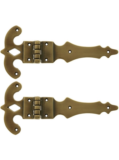 Pair Of Heavy 5 inch x 11 inch Ornate Brass Surface Hinges in Antique-By-Hand Finish.