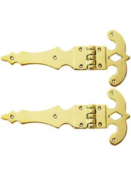 Pair of Heavy Ornate Brass Surface Hinges - 5" x 11"