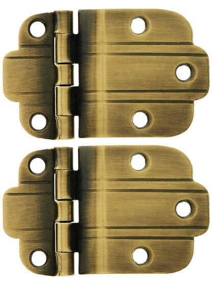 Pair of Solid Brass 3/8 inch Offset Deco Style Cabinet Hinges in Antique-By-Hand Finish.