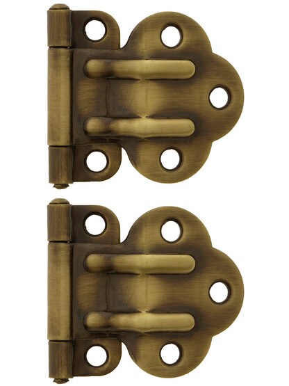Pair of Solid Brass Offset McDougal Cabinet Hinges in Antique-By-Hand Finish.