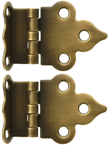 Pair of Solid Brass Gothic-Style Offset Cabinet Hinges in Antique-By-Hand - 1 1/2-Inch x 2 1/8-Inch.