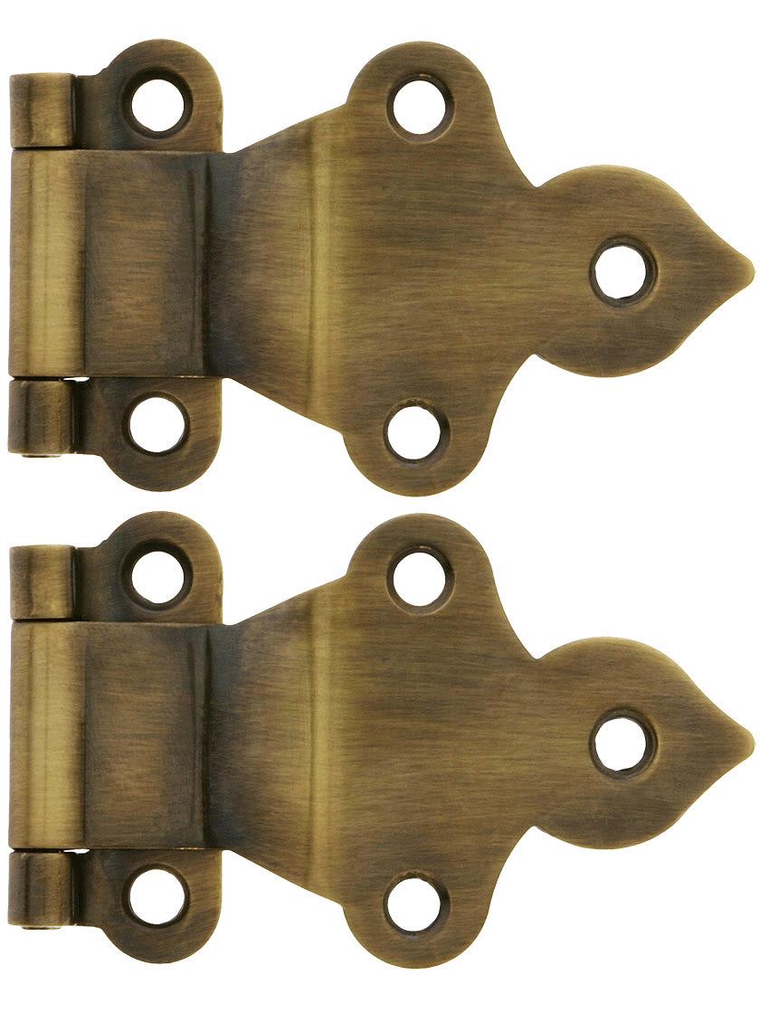 Pair of Solid Brass Gothic-Style Offset Cabinet Hinges in Antique-By-Hand - 1 1/2-Inch x 2 3/8-Inch