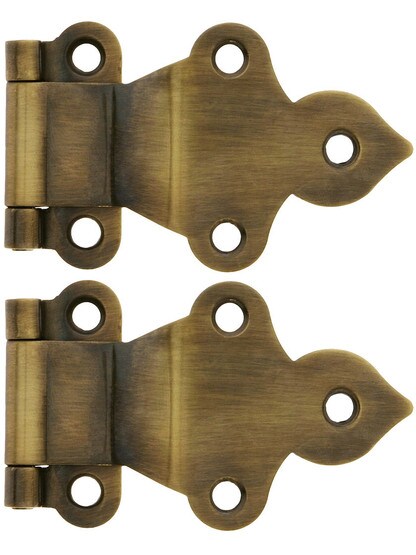 Pair of Solid Brass Gothic-Style Offset Cabinet Hinges in Antique-By-Hand - 1 1/2-Inch x 2 3/8-Inch.