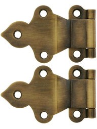 Pair of Solid Brass Gothic-Style Offset Cabinet Hinges in Antique-By-Hand - 1 1/2-Inch x 2 3/8-Inch