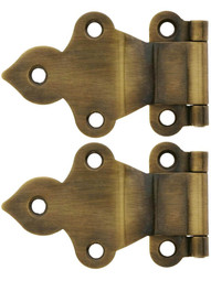 Pair of Solid Brass Gothic-Style Offset Cabinet Hinges in Antique-By-Hand - 1 1/2-Inch x 2 3/8-Inch.