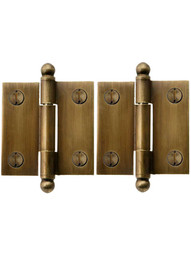 Pair of Solid Brass Ball-Tip Cabinet Hinges in Antique-By-Hand - 1 1/2 inch x 1 1/2 inch.