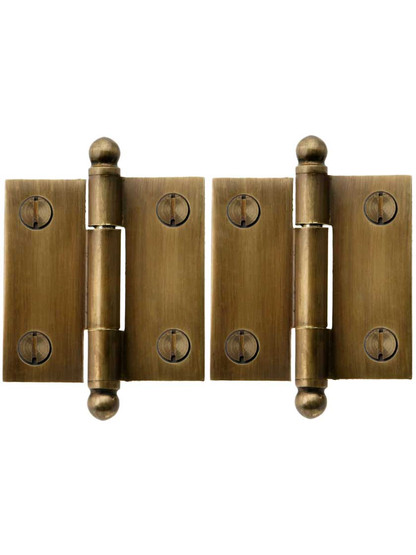 Pair of Solid Brass Ball-Tip Cabinet Hinges in Antique-By-Hand - 1 1/2" x 1 1/2"