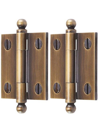 Alternate View of Pair of Solid Brass Ball-Tip Cabinet Hinges in Antique-By-Hand - 1 1/2 inch x 1 1/2 inch.