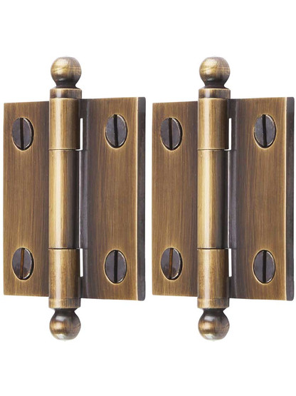 Pair of Solid Brass Ball-Tip Cabinet Hinges in Antique-By-Hand - 1 1/2" x 1 1/2"