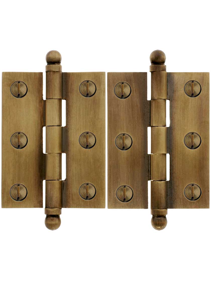Pair of Solid Brass Ball-Tip Cabinet Hinges in Antique-By-Hand - 2" x 1 1/2"