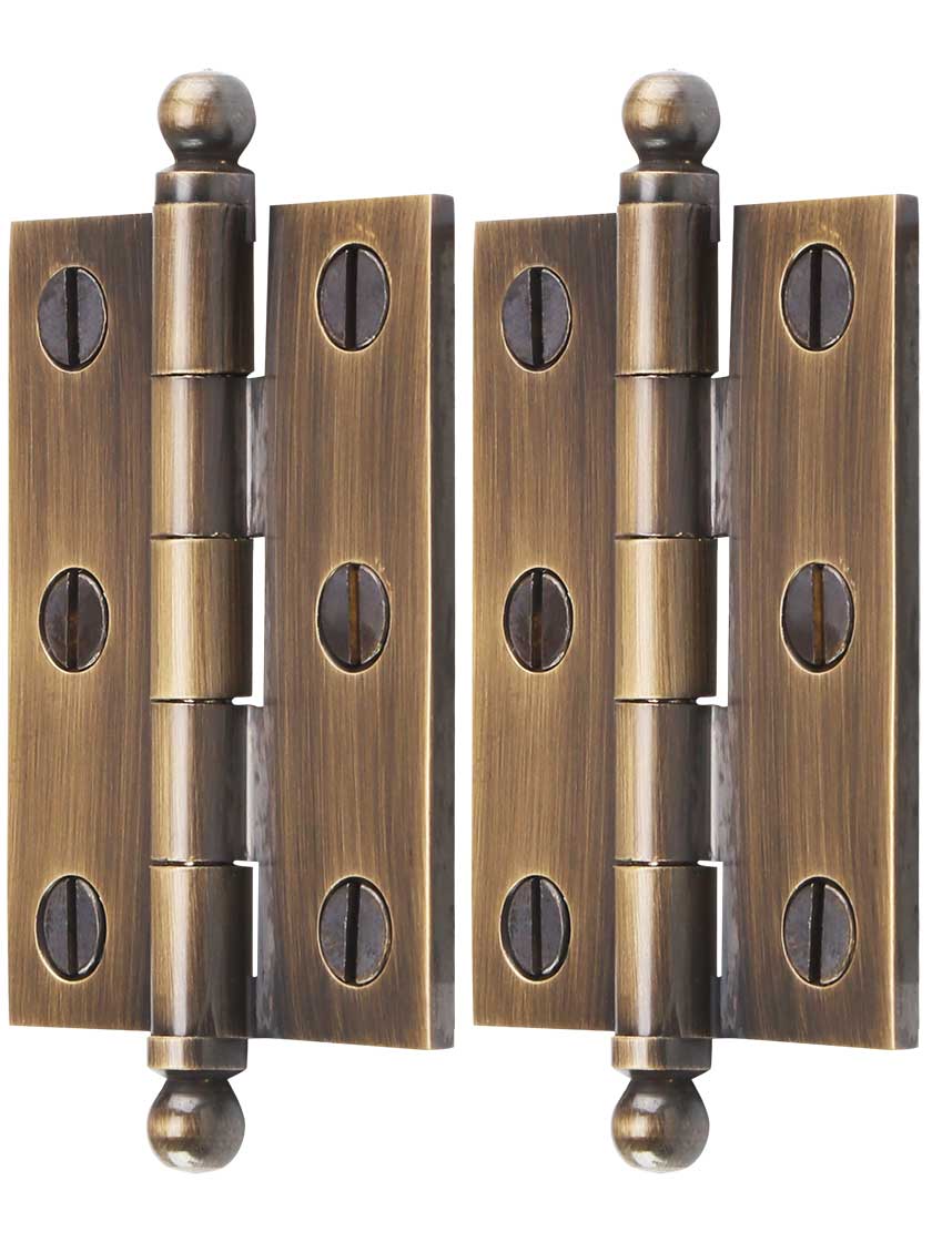 Alternate View of Pair of Solid Brass Ball-Tip Cabinet Hinges in Antique-By-Hand - 2 inch x 1 1/2 inch.