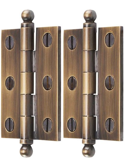 Alternate View of Pair of Solid Brass Ball-Tip Cabinet Hinges in Antique-By-Hand - 2 inch x 1 1/2 inch.