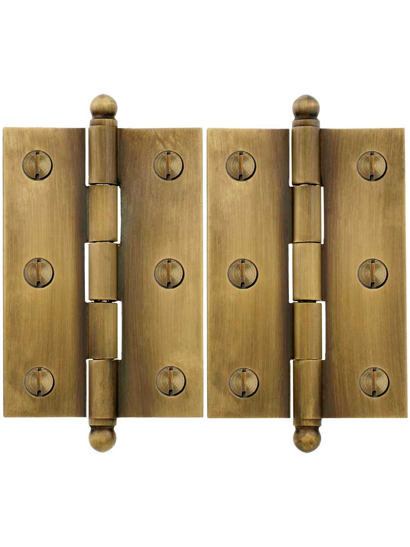 Pair of Solid Brass Ball-Tip Cabinet Hinges in Antique-By-Hand - 2 1/2 inch x 1 3/4 inch.