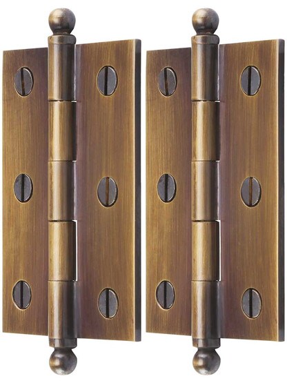 Pair of Solid Brass Ball-Tip Cabinet Hinges in Antique-By-Hand - 2 1/2 x 1  3/4