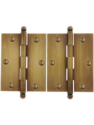 Pair of Solid Brass Ball-Tip Cabinet Hinges in Antique-By-Hand - 2 1/2 inch x 2 inch.