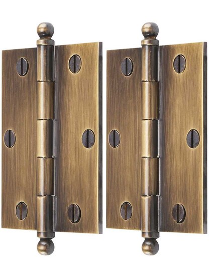 Alternate View of Pair of Solid Brass Ball-Tip Cabinet Hinges in Antique-By-Hand - 2 1/2 inch x 2 inch.