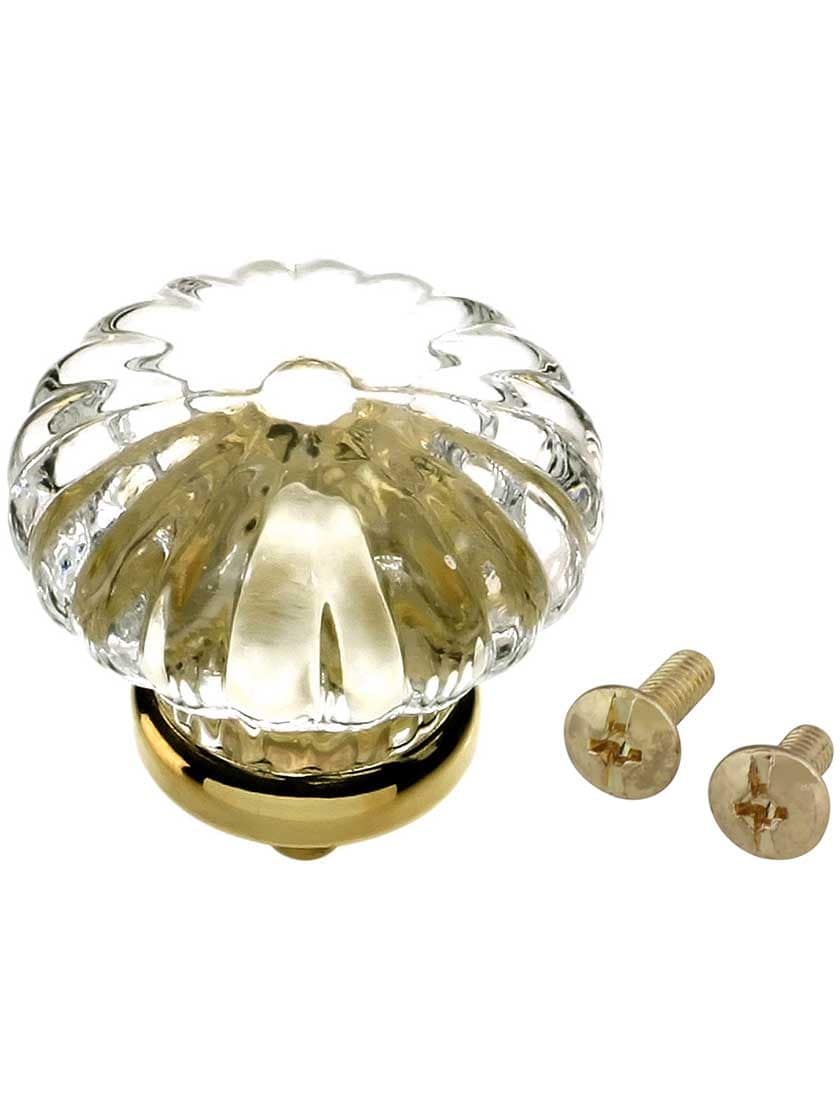 Large Ribbed Clear Glass Drawer Knob With Brass or Nickel Base
