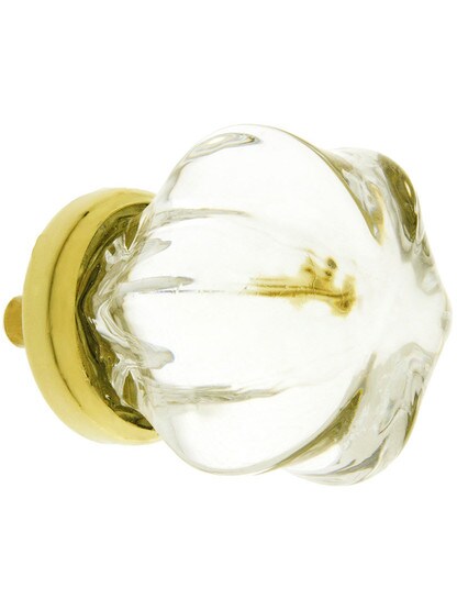 Medium Victorian Clear Glass Cabinet Knob With Brass Base.