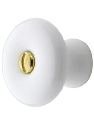 3/4 Knob White Porcelain & Bright Brass Button Center & Base