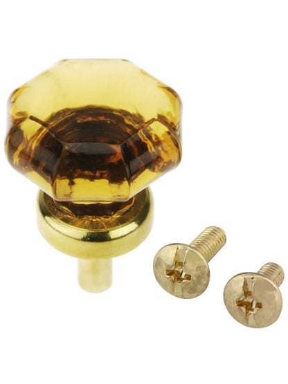 Alternate View 3 of Amber Octagonal Glass Knob with Brass Base 1 1/8-Inch Diameter.