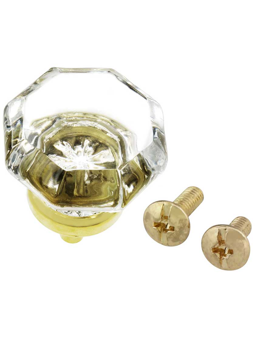 Clear Octagonal Glass Knob with Brass Base 1 3/8-Inch Diameter