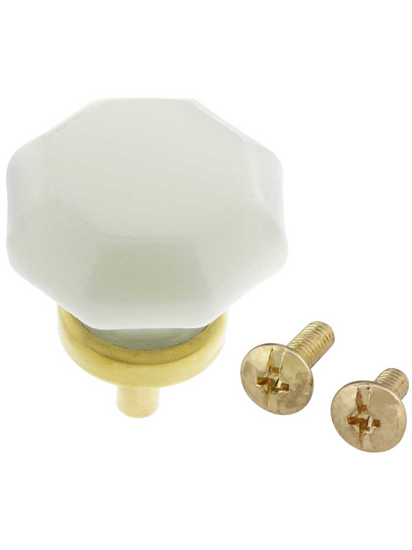 Milk-White Glass Octagonal Glass Knob with Brass Base 1 3/8-Inch Diameter