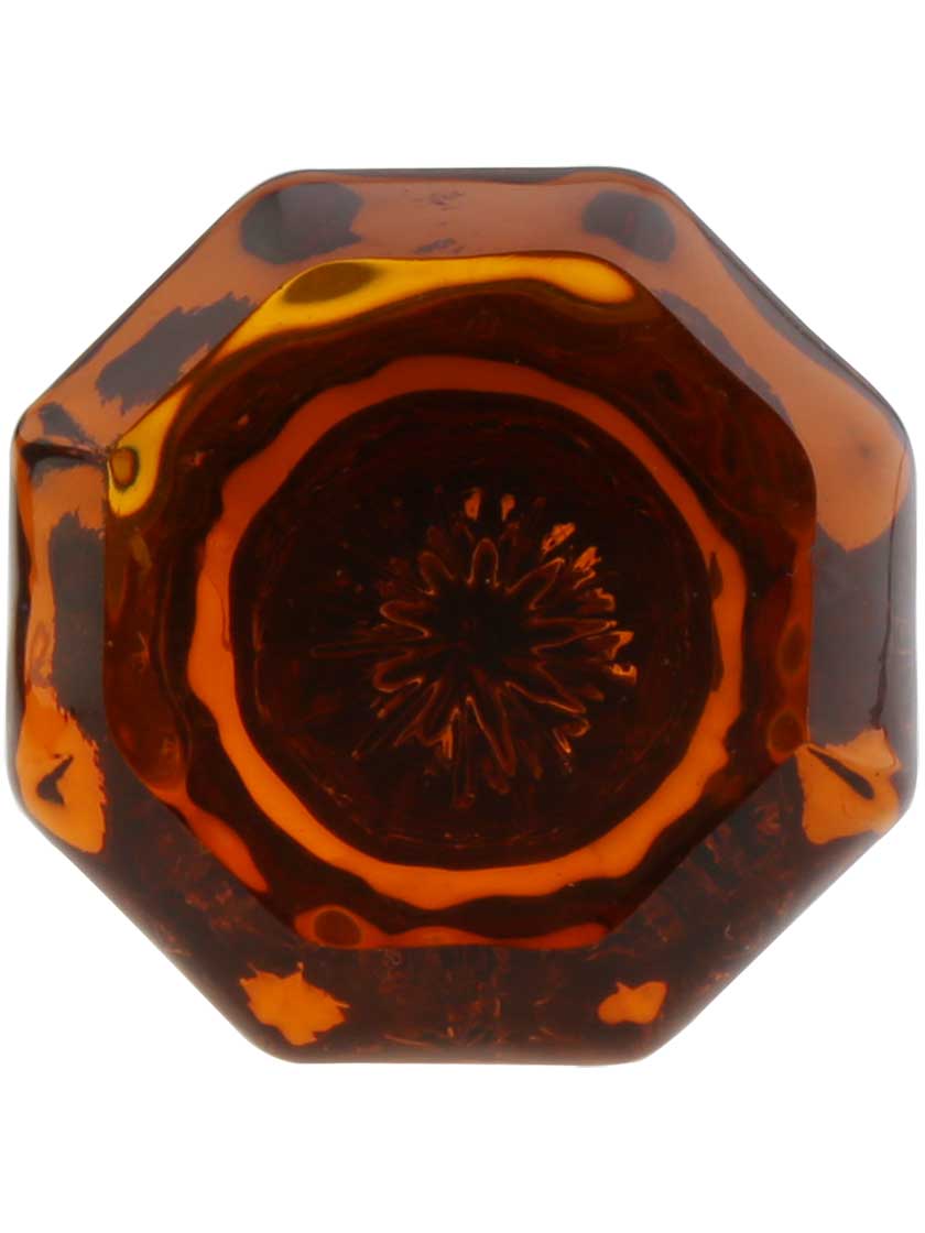 Amber Octagonal Glass Knob with Brass Base 1 3/8-Inch Diameter