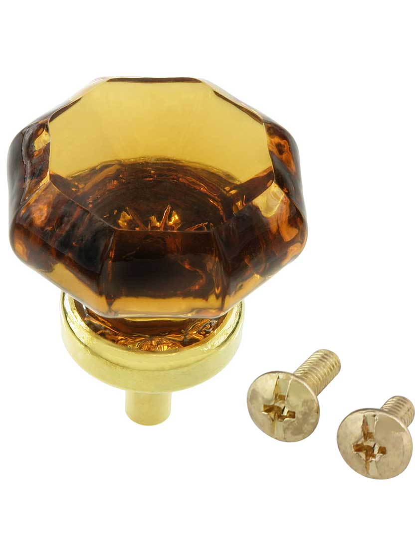 Amber Octagonal Glass Knob with Brass Base 1 3/8-Inch Diameter