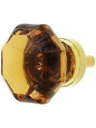 Amber Octagonal Glass Knob with Brass Base 1 3/8-Inch Diameter