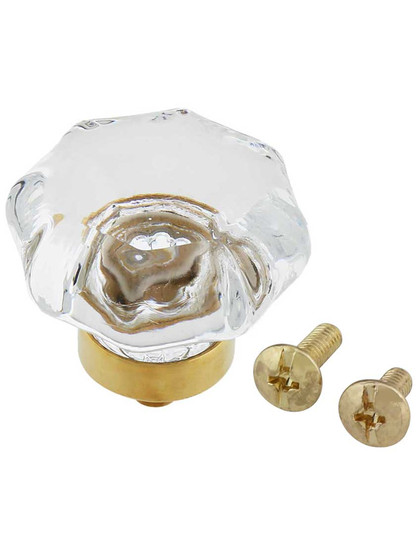 Clear Octagonal Glass Knob with Brass Base 1 5/8-Inch Diameter
