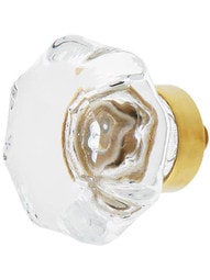 Clear Octagonal Glass Knob with Brass Base 1 5/8-Inch Diameter