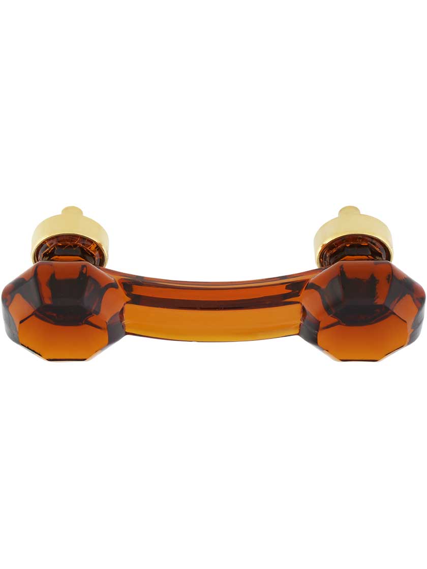 Amber Octagonal Glass Bridge Handle with Brass Base 3-Inch Center-to-center