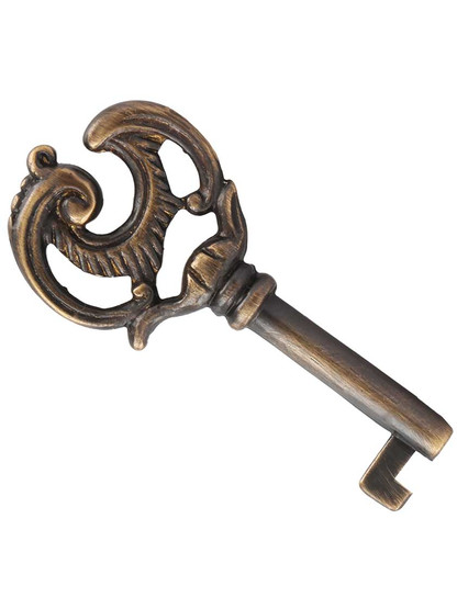 Small Fancy Solid Brass Drawer Key in Antique-by-Hand.