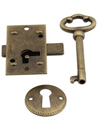 Small Brass Plated Non-Mortise Cabinet Lock in Antique Brass.