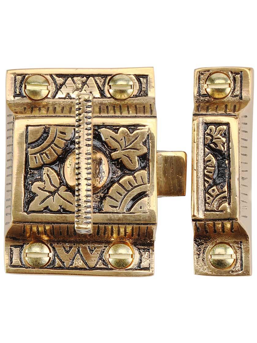 Alternate View of Solid Bronze Oriental Pattern Turn Latch With Highlighted Antique Finish.