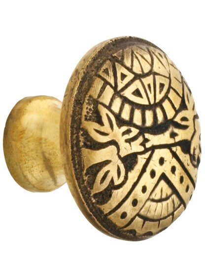 Cast Bronze Oriental Pattern Cupboard Knob - 1 1/4 inch Diameter.