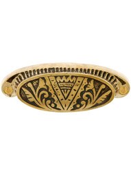 3 3/4 inch Cast Bronze Oriental Pattern Oval Bin Pull With Highlighted Antique Finish.