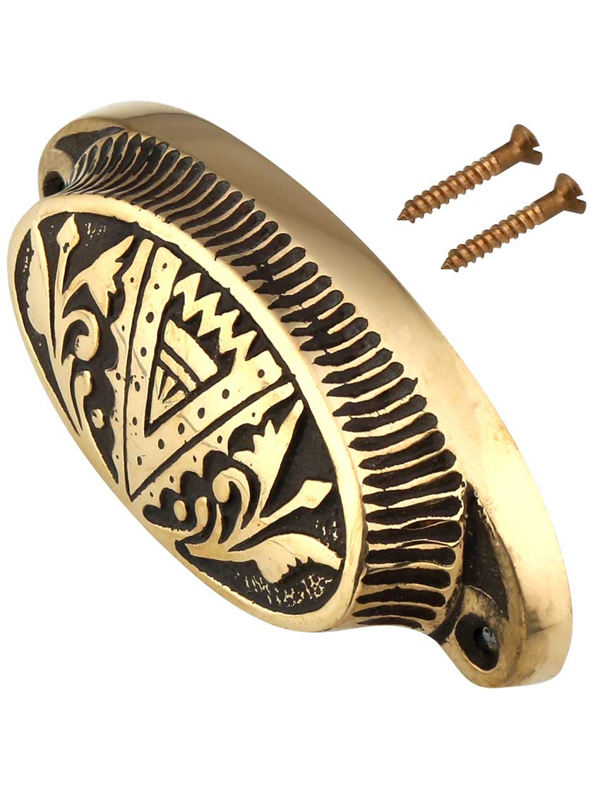 Alternate View 2 of 3 3/4 inch Cast Bronze Oriental Pattern Oval Bin Pull With Highlighted Antique Finish.